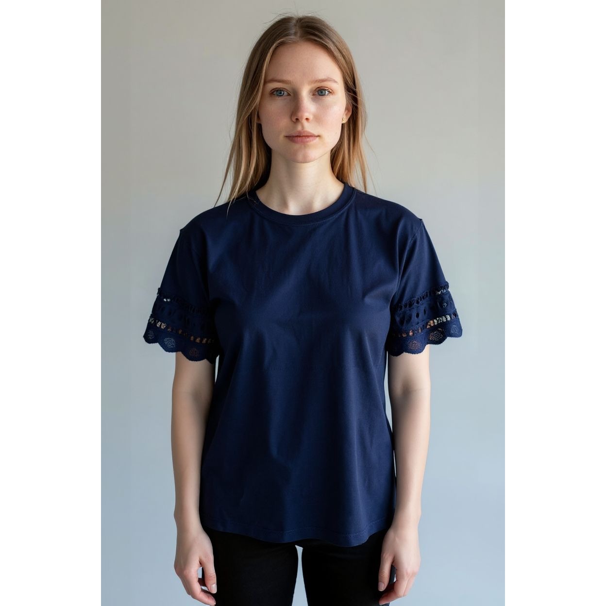 St. Johns Bay Women's Navy Blue Lace Sleeve Cotton T-Shirt IX