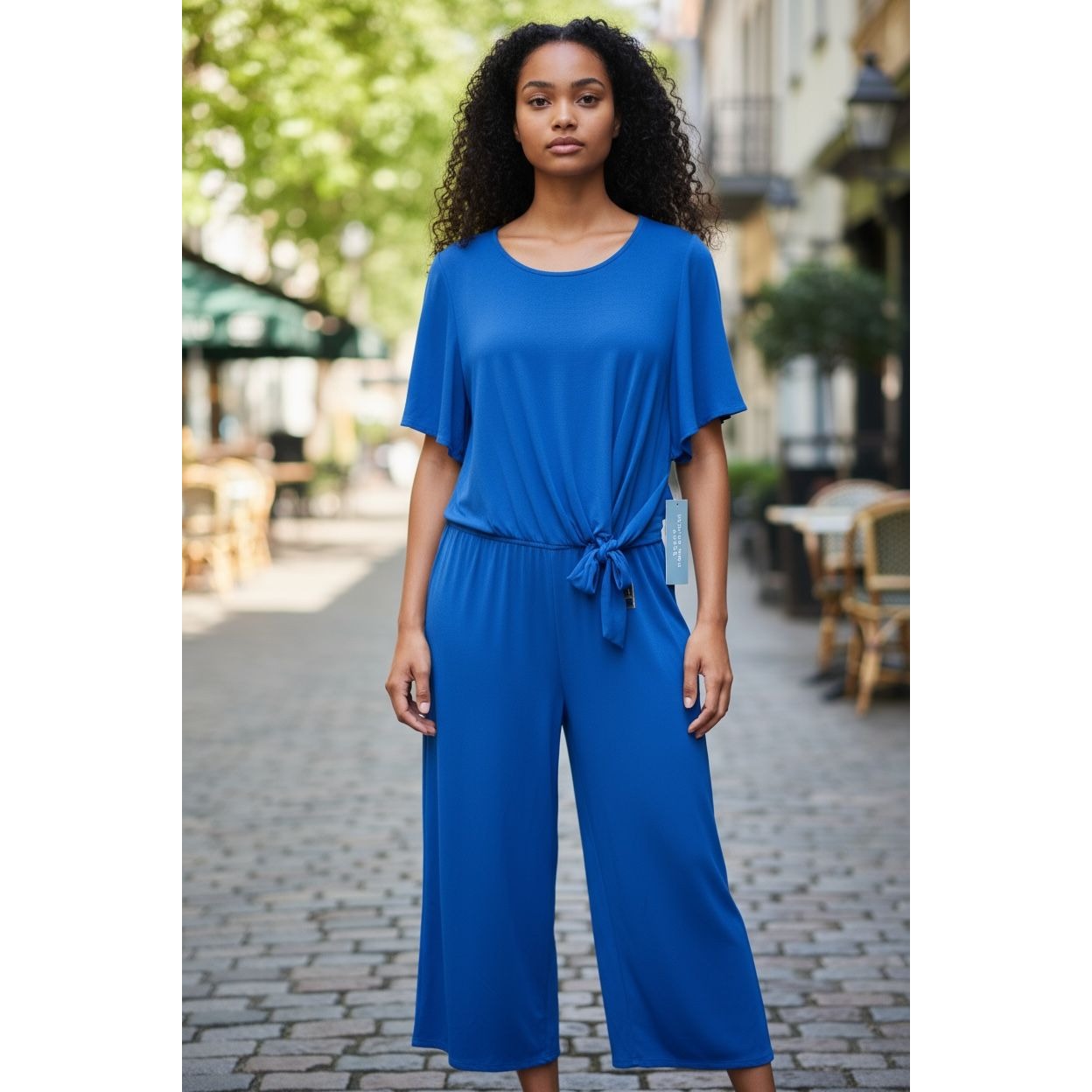 London Times Woman Blue Short Sleeve Jumpsuit With Tie Waist US 16W