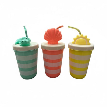 Sun Squad Striped Kids Cups With Fun Lids & Straws - Alligator, Shell, And Sun Designs - Set Of 3