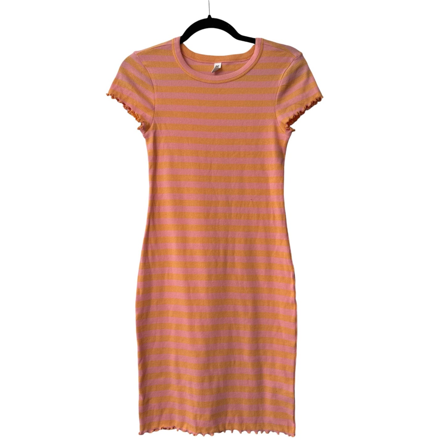 BP. Orange & Pink Striped Ribbed Knit Short-Sleeve Dress With Lettuce Trim Hem Size M