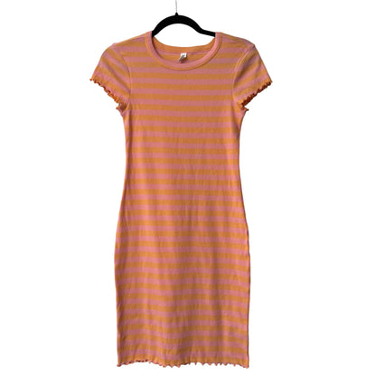BP. Orange & Pink Striped Ribbed Knit Short-Sleeve Dress With Lettuce Trim Hem Size M