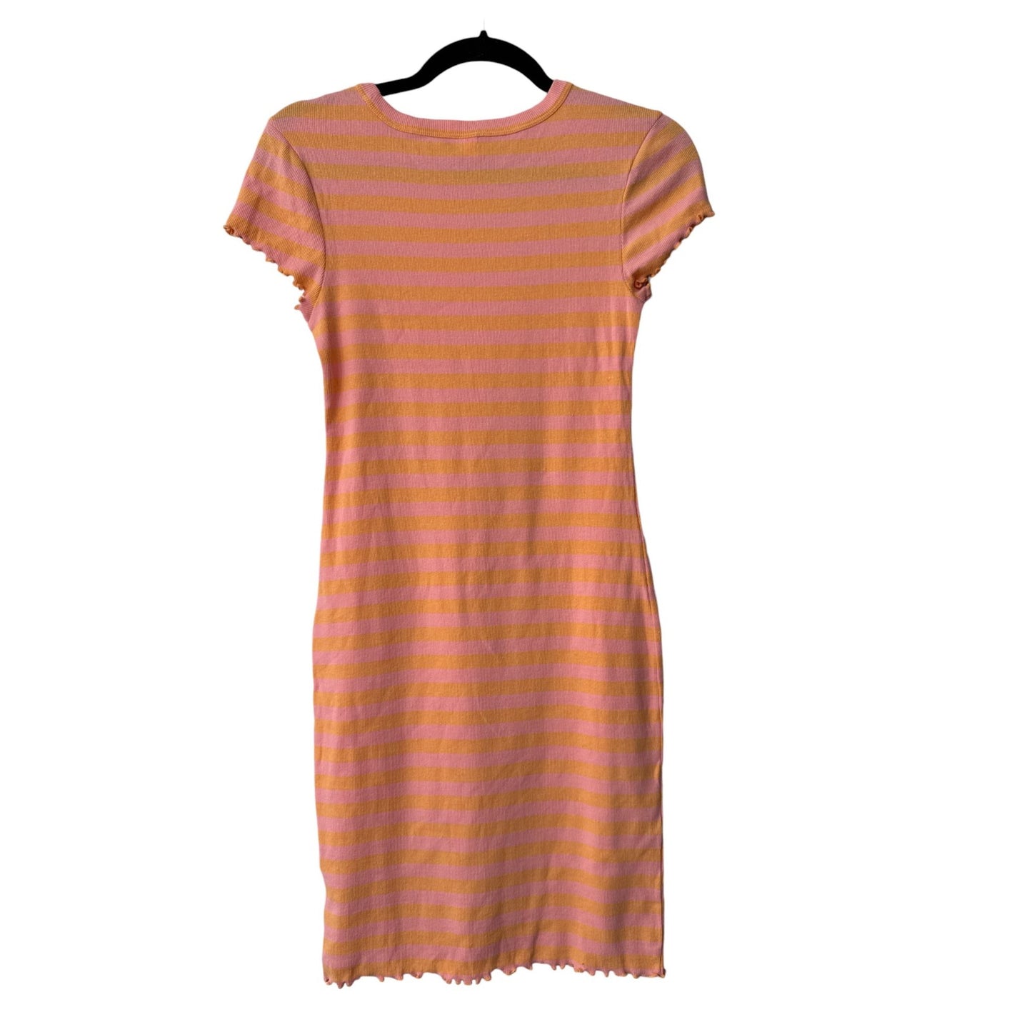 BP. Orange & Pink Striped Ribbed Knit Short-Sleeve Dress With Lettuce Trim Hem Size M