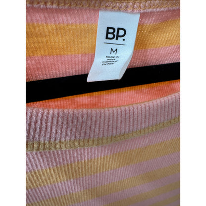 BP. Orange & Pink Striped Ribbed Knit Short-Sleeve Dress With Lettuce Trim Hem Size M