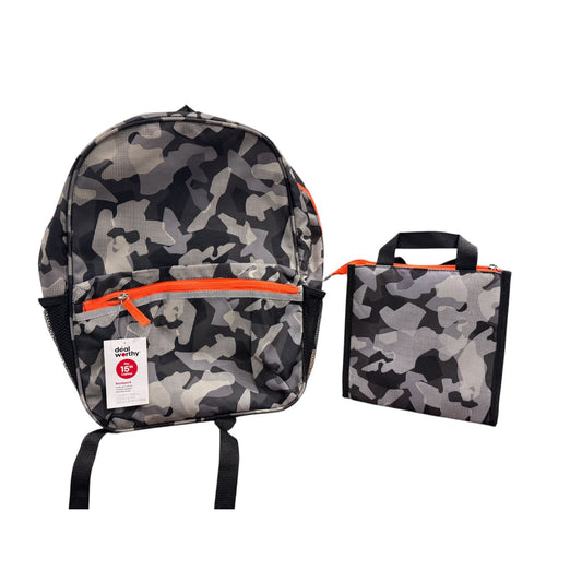 Camouflage Backpack Fits 15" Laptop With Matching Lunch Bag Set - Orange Accents