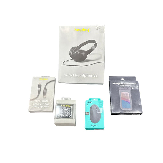 Logitech M196 Bluetooth Wireless Mouse, Heyday Wired Headphones, USB-C Cable, Wall Charger & Waterproof Phone Pouch Bundle