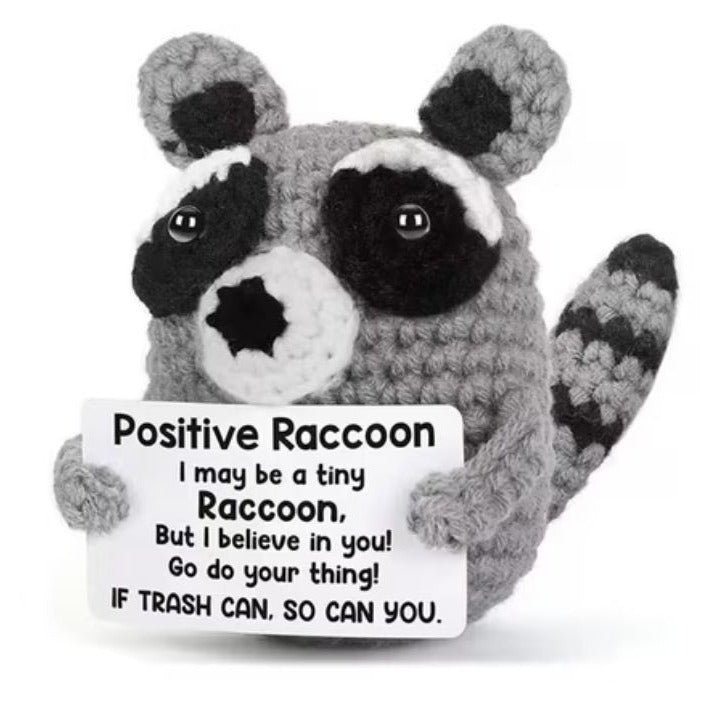 Crocheted Positive Raccoon Plush With Motivational Sign - Handmade Gray & Black Stuffed Animal Toy