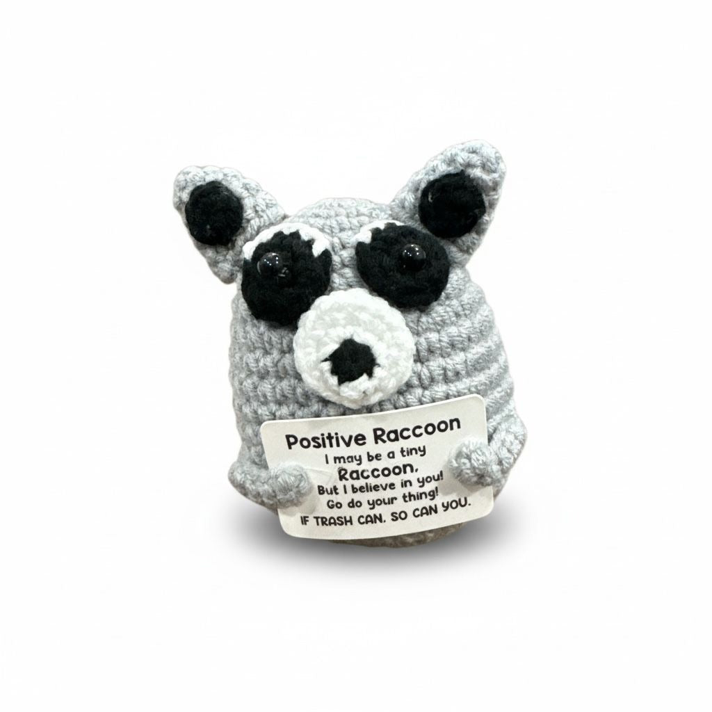 Crocheted Positive Raccoon Plush With Motivational Sign - Handmade Gray & Black Stuffed Animal Toy