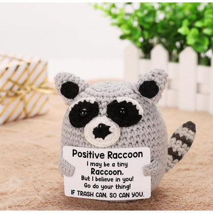 Crocheted Positive Raccoon Plush With Motivational Sign - Handmade Gray & Black Stuffed Animal Toy