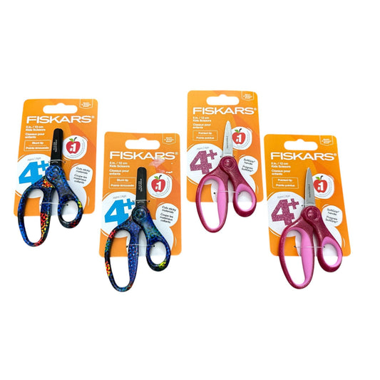 Fiskars Kids Scissors 5" Ages 4+ Blunt & Pointed Tip SoftGrip Handle Blue & Pink Pack Of 4