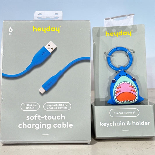 Heyday USB-A To USB-C Charging Cable & Shark AirTag Keychain Holder 6ft Blue