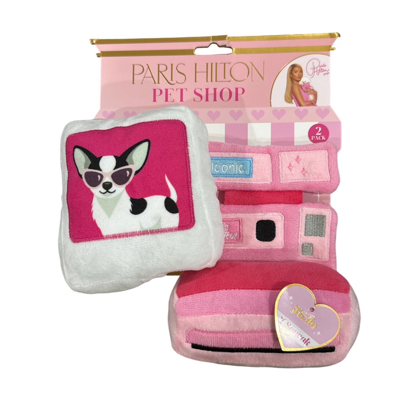 Paris Hilton Pet Shop 2-Pack Plush Dog Toys With Squeaker & Crinkle Pink & White Design