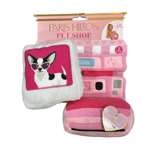 Paris Hilton Pet Shop 2-Pack Plush Dog Toys With Squeaker & Crinkle Pink & White Design