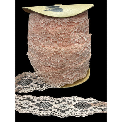 Vintage Pink Lace Trim Roll 2" Wide Floral Pattern 100+ Yards Sewing Crafting