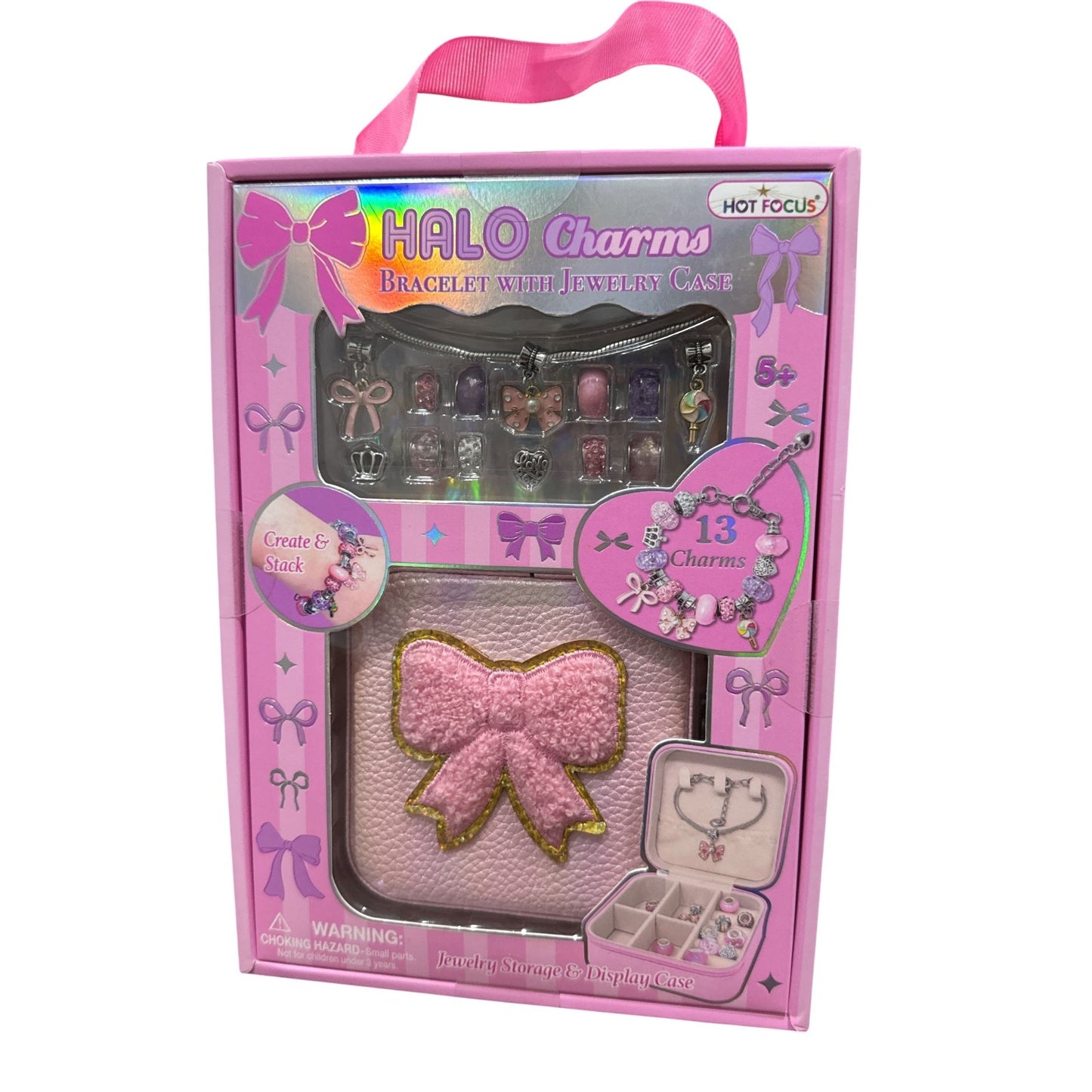 Halo Charms Bracelet With Jewelry Case - 13 Charms 1 Bracelet 1 Case Pink Bow Design Ages 5+