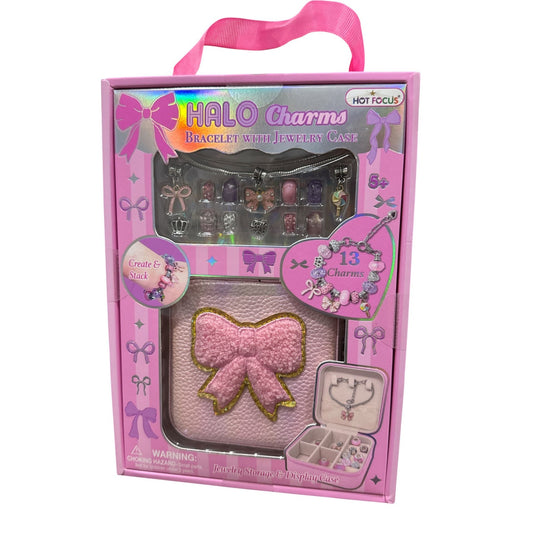 Halo Charms Bracelet With Jewelry Case - 13 Charms 1 Bracelet 1 Case Pink Bow Design Ages 5+