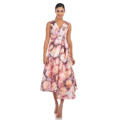 Kay Unger New York Floral Midi Dress Soft Orchid Multi Size 4 Sleeveless V-Neck Elegant A-Line Women's