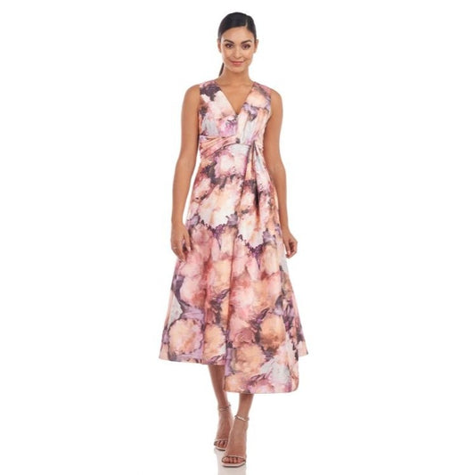Kay Unger New York Floral Midi Dress Soft Orchid Multi Size 4 Sleeveless V-Neck Elegant A-Line Women's
