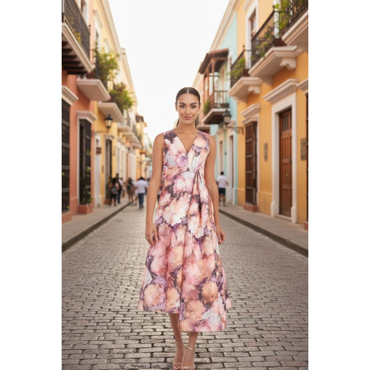 Kay Unger New York Floral Midi Dress Soft Orchid Multi Size 4 Sleeveless V-Neck Elegant A-Line Women's