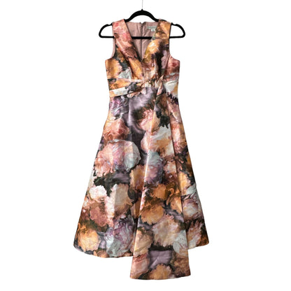 Kay Unger New York Floral Midi Dress Soft Orchid Multi Size 4 Sleeveless V-Neck Elegant A-Line Women's