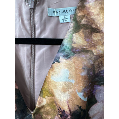 Kay Unger New York Floral Midi Dress Soft Orchid Multi Size 4 Sleeveless V-Neck Elegant A-Line Women's