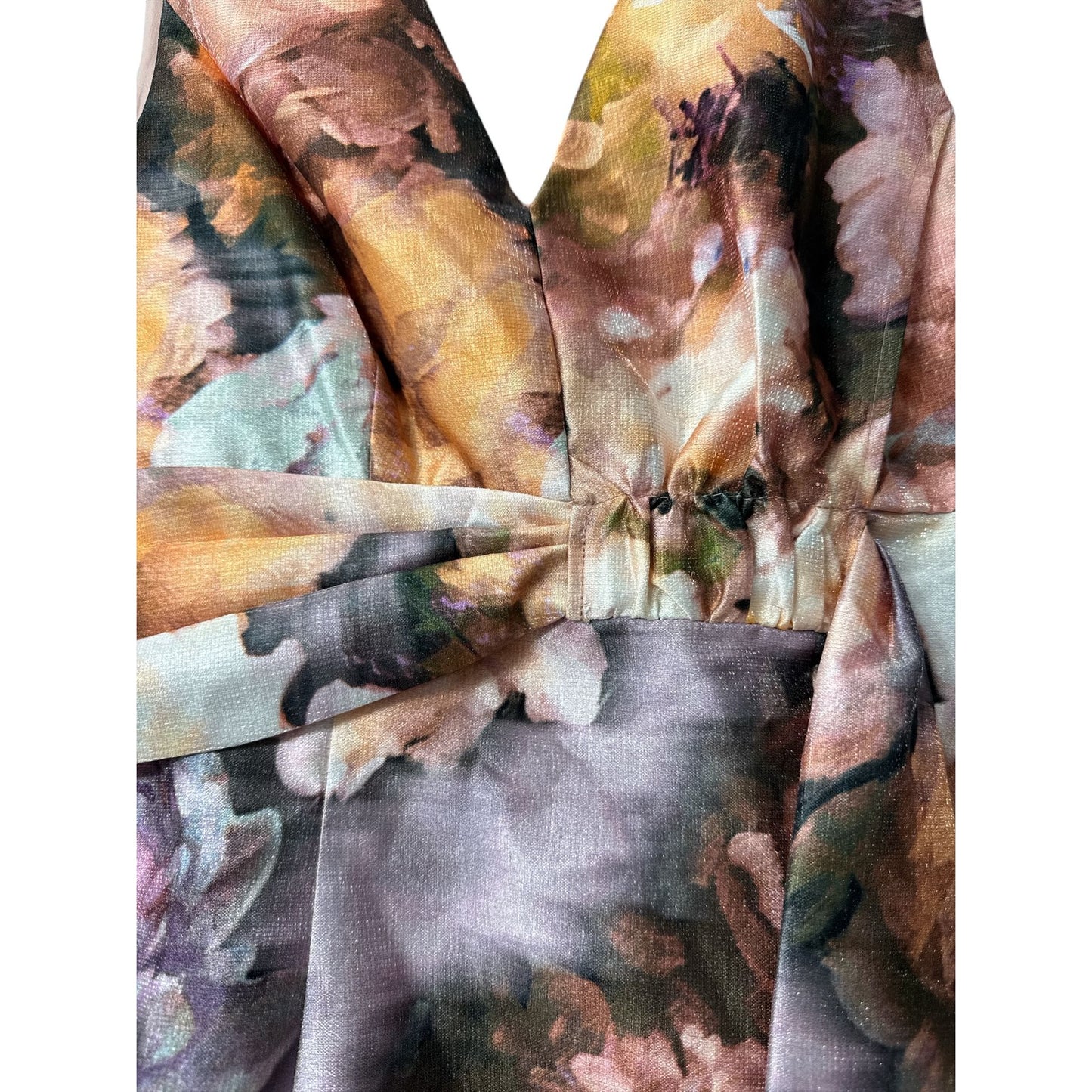 Kay Unger New York Floral Midi Dress Soft Orchid Multi Size 4 Sleeveless V-Neck Elegant A-Line Women's