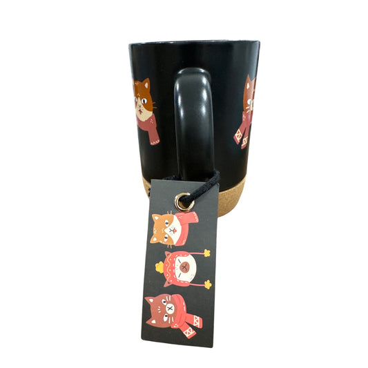 Black Ceramic Cat-Themed Mug With Cork Base & "Purrfectly Caffeinated"
