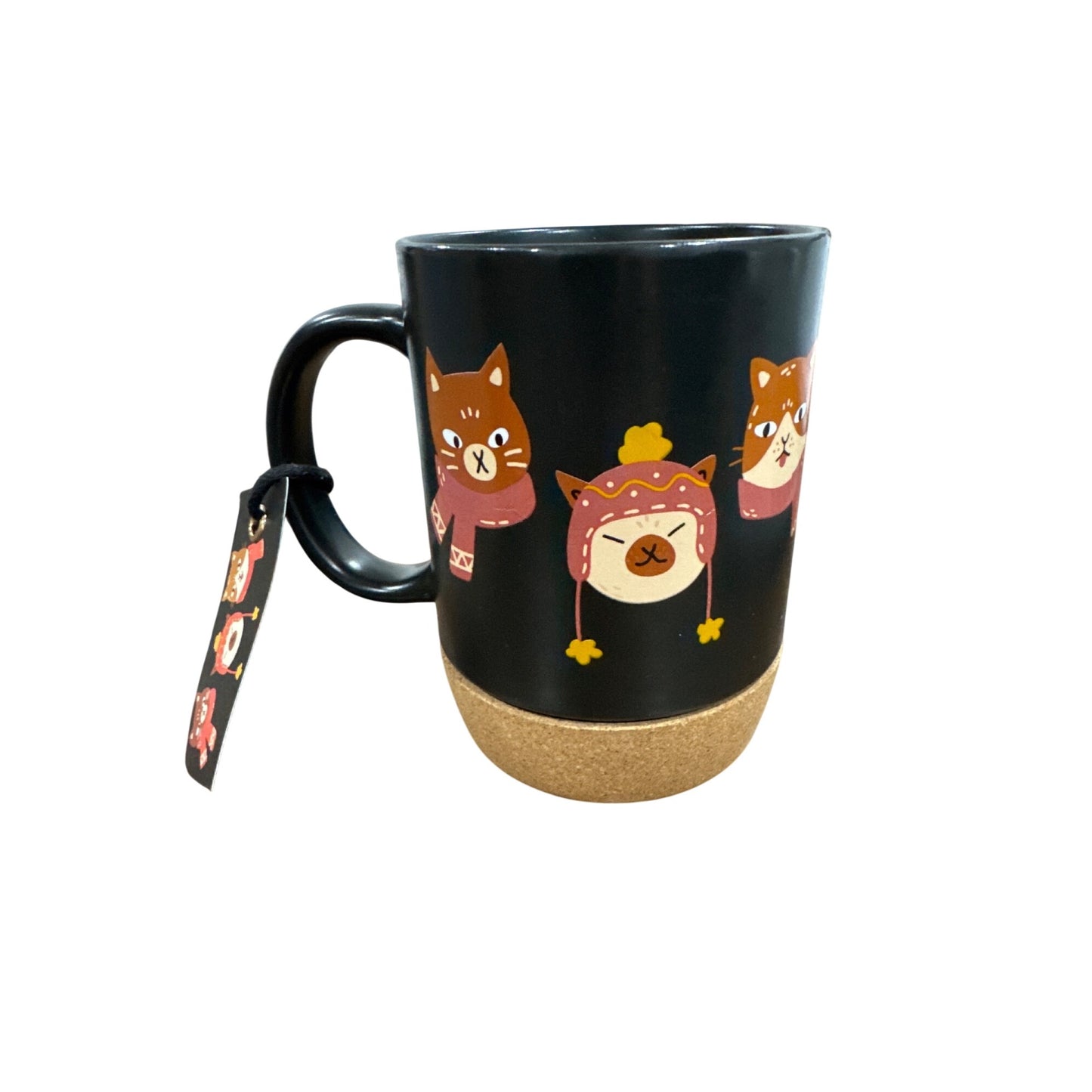Black Ceramic Cat-Themed Mug With Cork Base & "Purrfectly Caffeinated"