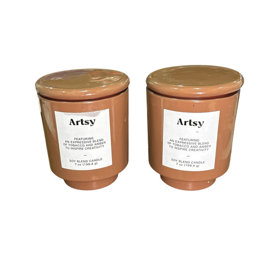 Artsy Soy Blend Candle Tobacco & Amber Scent 7oz Set Of 2 Lidded Jars