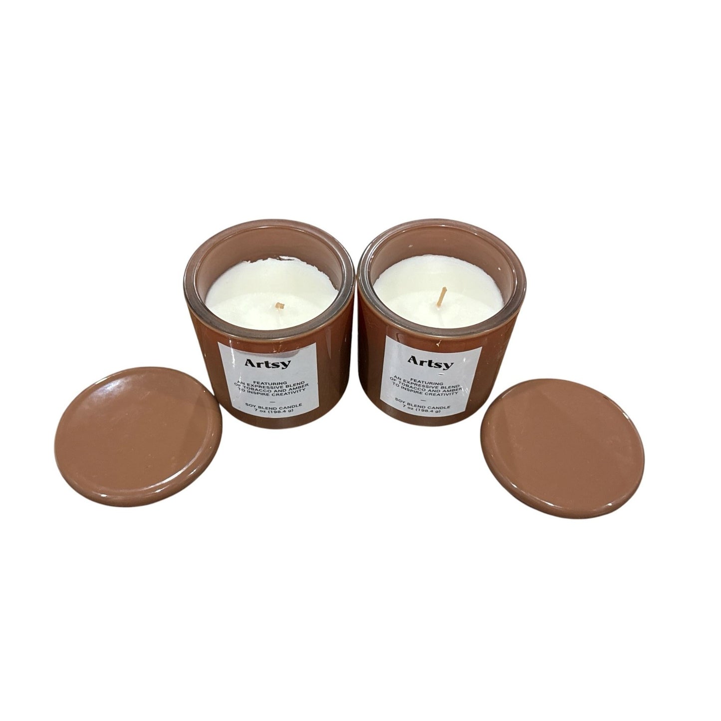 Artsy Soy Blend Candle Tobacco & Amber Scent 7oz Set Of 2 Lidded Jars