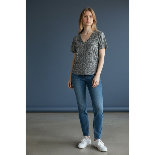 Lucky Brand Women's XS V-Neck Short Sleeve Floral Paisley Print Gray Top