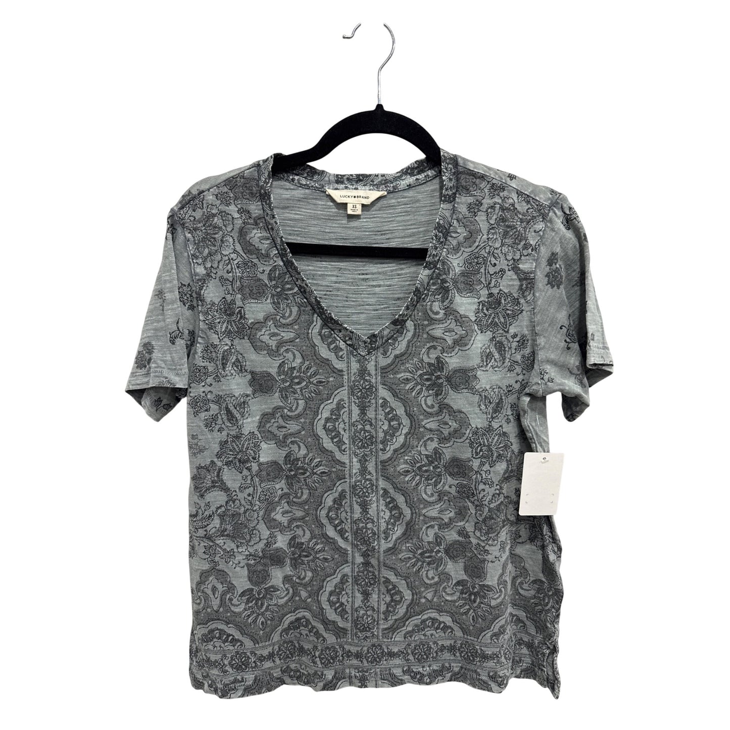 Lucky Brand Women's XS V-Neck Short Sleeve Floral Paisley Print Gray Top