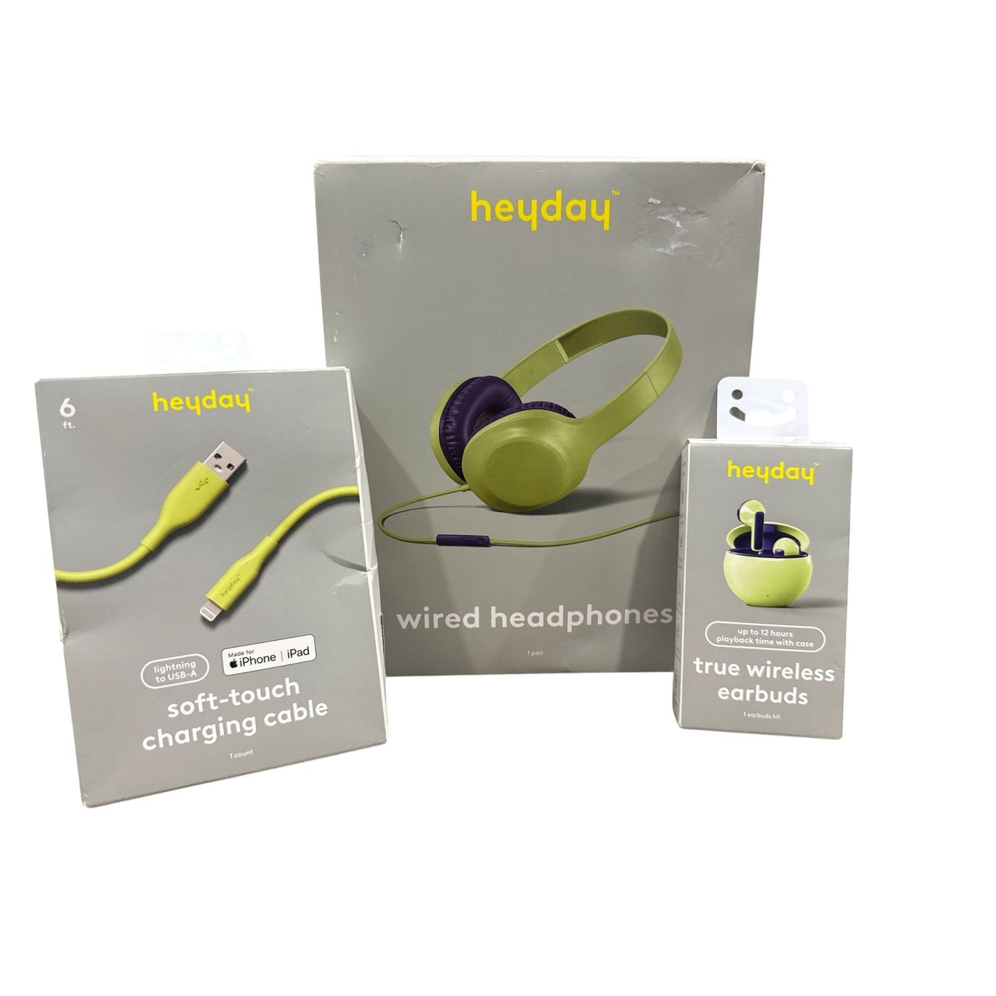 Heyday Wired Headphones, True Wireless Earbuds & 6ft USB-A To Lightning Charging Cable Green & Purple 3pc Kit