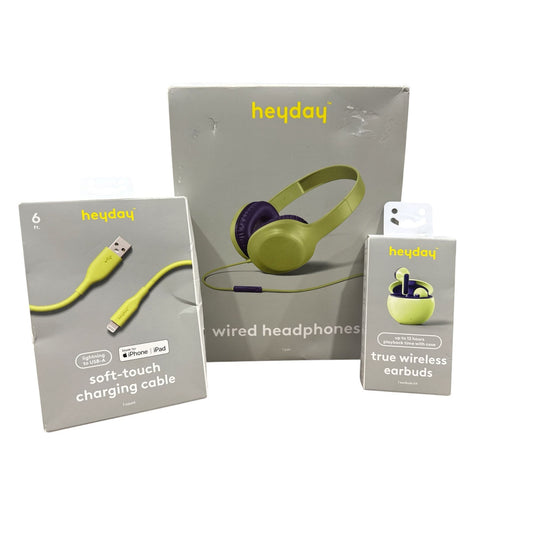 Heyday Wired Headphones, True Wireless Earbuds & 6ft USB-A To Lightning Charging Cable Green & Purple 3pc Kit