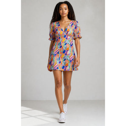Good Luck Gem Floral Print Puff Sleeve Mini Dress V-Neck Lightweight Fabric Multicolor Size Small