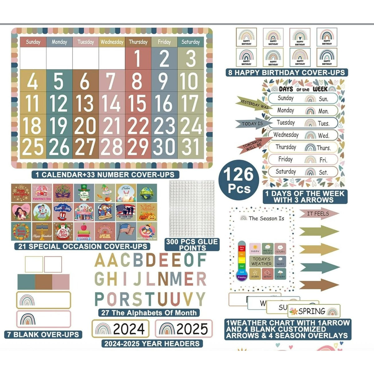 Classroom Calendar Set - 126 Pcs  Dry Erase Weather Chart Days Of Week  For Teachers & Homeschool