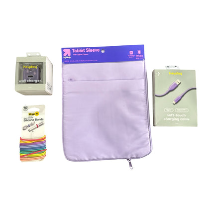 Tech Accessories - Bundle Lavender & Multicolor Tablet Sleeve, Charging Cable, Wall Charger & Silicone Bands