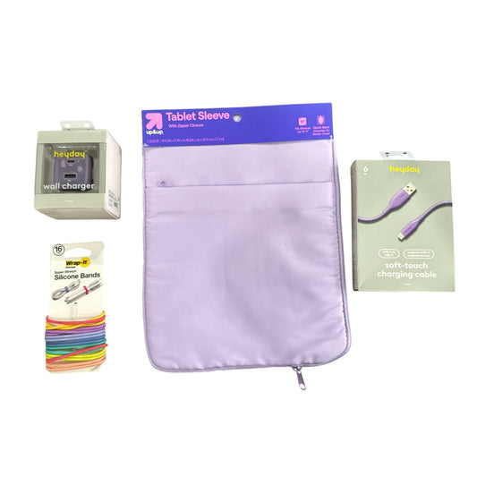 Tech Accessories - Bundle Lavender & Multicolor Tablet Sleeve, Charging Cable, Wall Charger & Silicone Bands