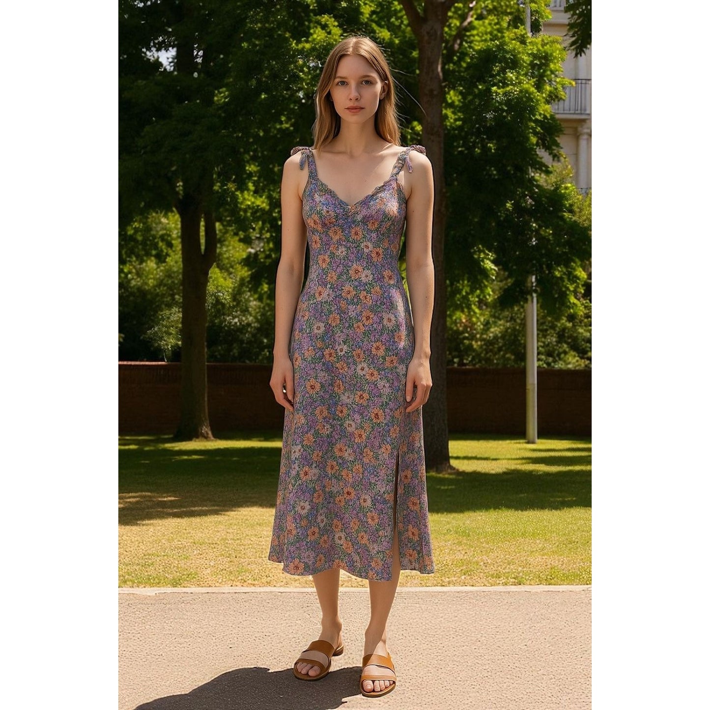 ASTR The Label Floral Midi Dress With Tie Straps & Side Slit Size S Polyester Purple/Coral