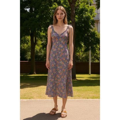 ASTR The Label Floral Midi Dress With Tie Straps & Side Slit Size S Polyester Purple/Coral