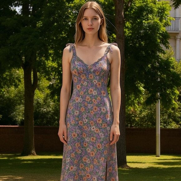 ASTR The Label Floral Midi Dress With Tie Straps & Side Slit Size S Polyester Purple/Coral