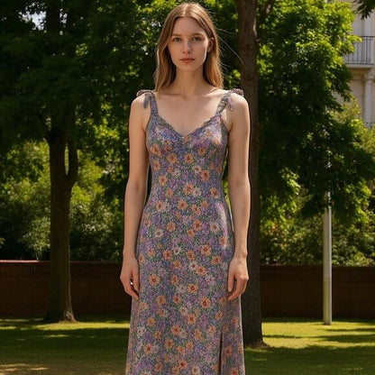 ASTR The Label Floral Midi Dress With Tie Straps & Side Slit Size S Polyester Purple/Coral