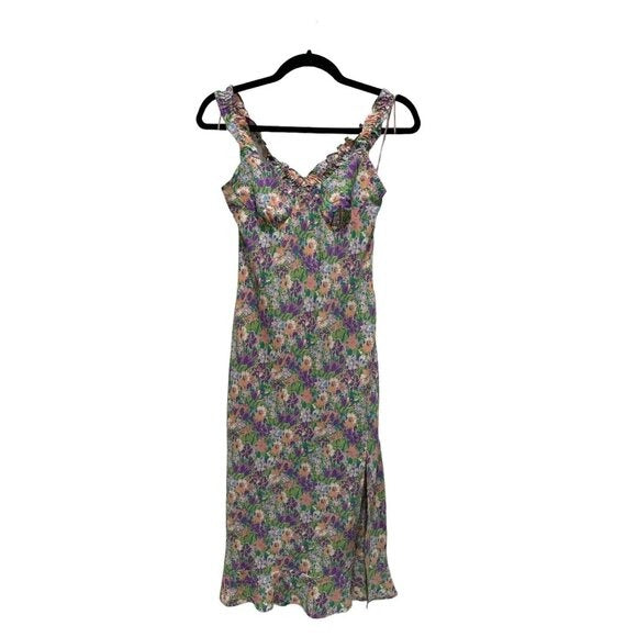 ASTR The Label Floral Midi Dress With Tie Straps & Side Slit Size S Polyester Purple/Coral