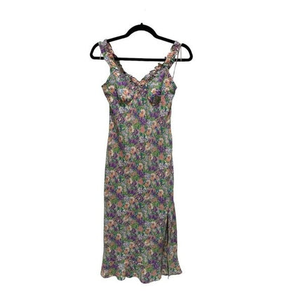 ASTR The Label Floral Midi Dress With Tie Straps & Side Slit Size S Polyester Purple/Coral