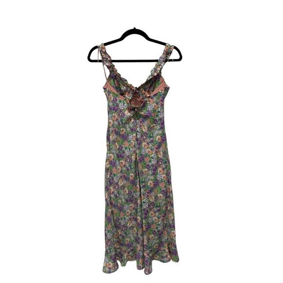 ASTR The Label Floral Midi Dress With Tie Straps & Side Slit Size S Polyester Purple/Coral