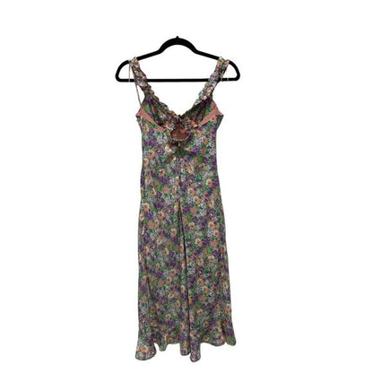 ASTR The Label Floral Midi Dress With Tie Straps & Side Slit Size S Polyester Purple/Coral