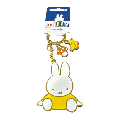 Miffy Enamel Keychain With Yellow Bunny Mushroom & Duck Charms - Gold Accents - Licensed Merchandise