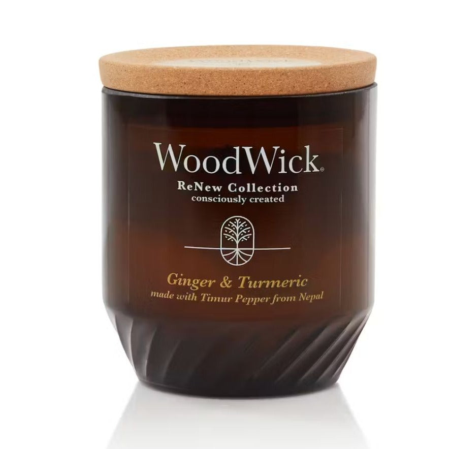 WoodWick ReNew Collection Ginger & Turmeric Candle in Recycled Glass Jar with Cork Lid, Plant-Based Soy-Coconut Wax Blend, 6.5.oz