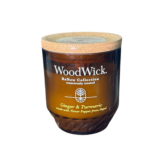 WoodWick ReNew Collection Ginger & Turmeric Candle in Recycled Glass Jar with Cork Lid, Plant-Based Soy-Coconut Wax Blend, 6.5.oz