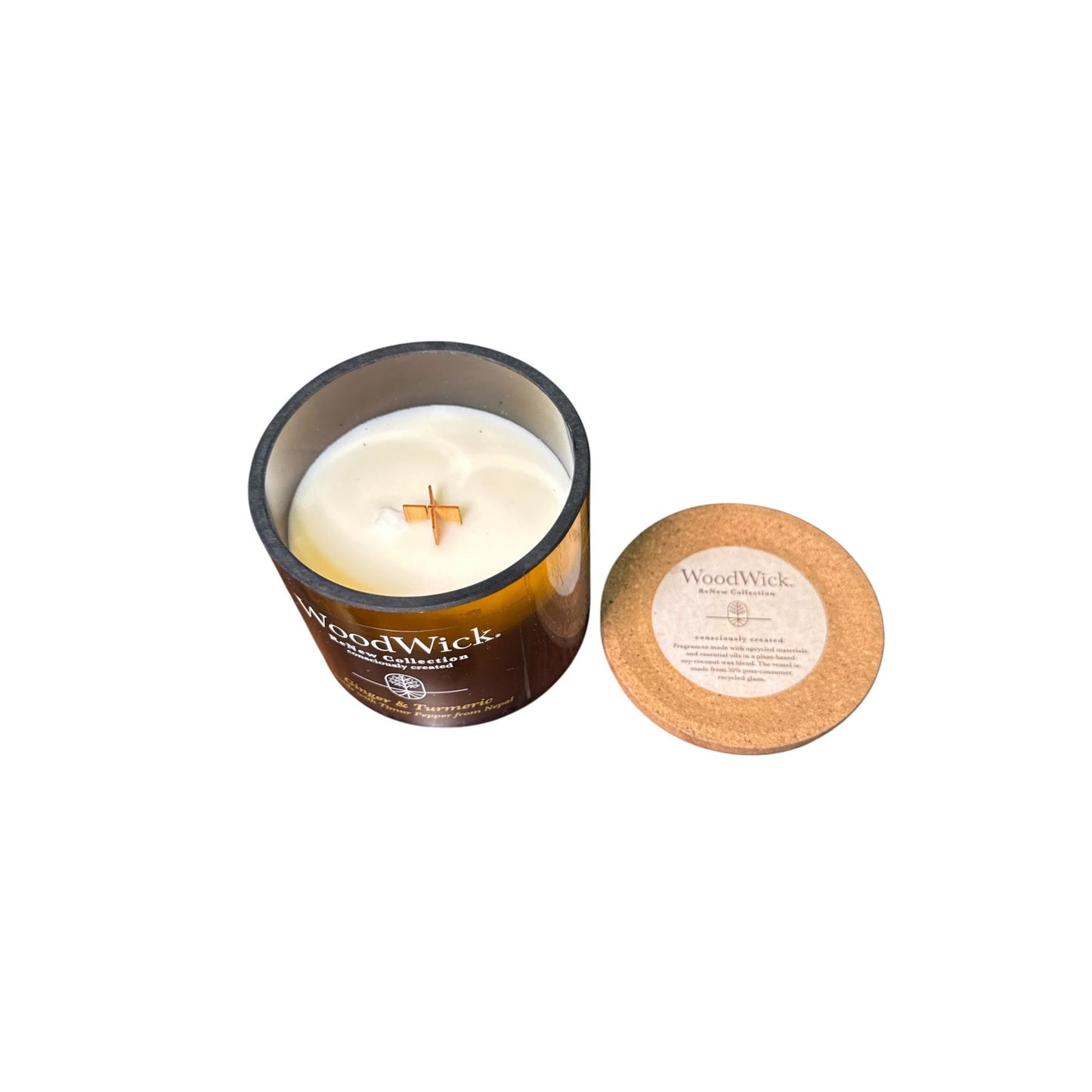 WoodWick ReNew Collection Ginger & Turmeric Candle in Recycled Glass Jar with Cork Lid, Plant-Based Soy-Coconut Wax Blend, 6.5.oz