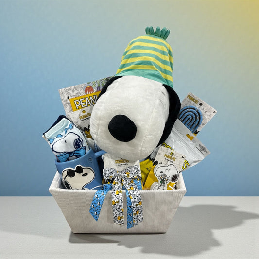 Snoopy Gift Basket With Plush Backpack, Mug, Socks, Hair Brush, Coloring Book & Accessories In Decorative Tote